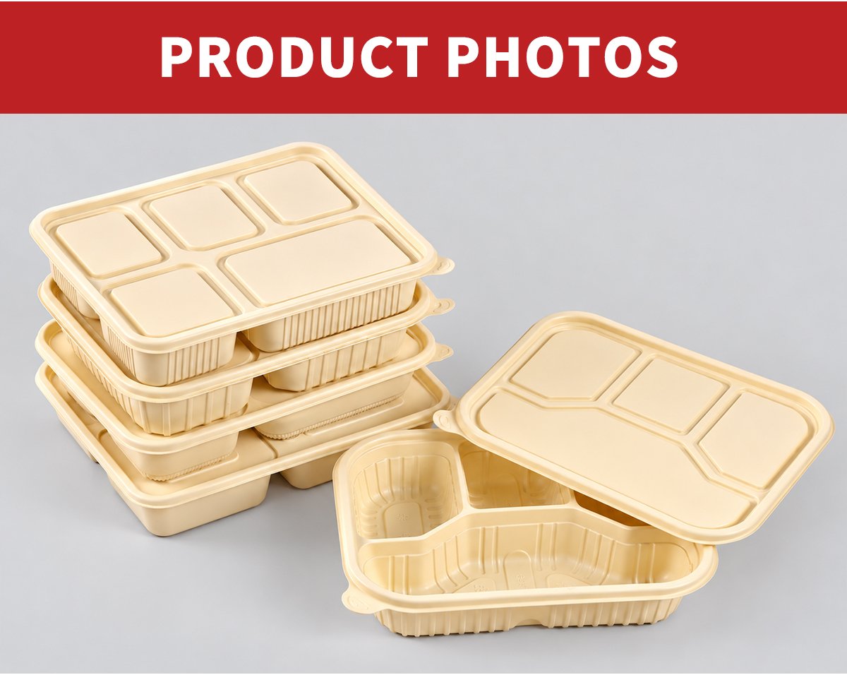 Stacked five-compartment and open four-compartment cornstarch meal boxes