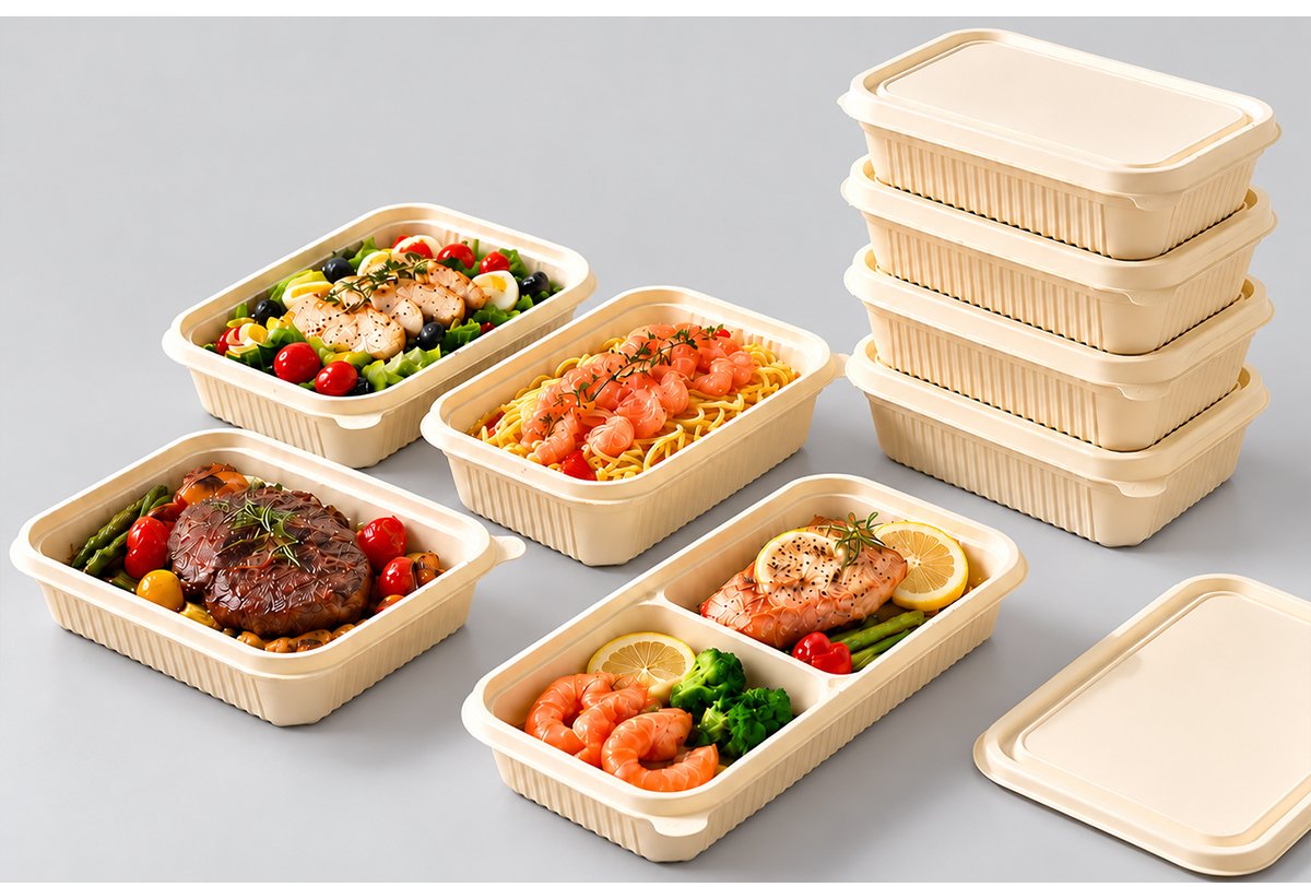 Rectangular cornstarch containers holding salad, pasta, steak and salmon