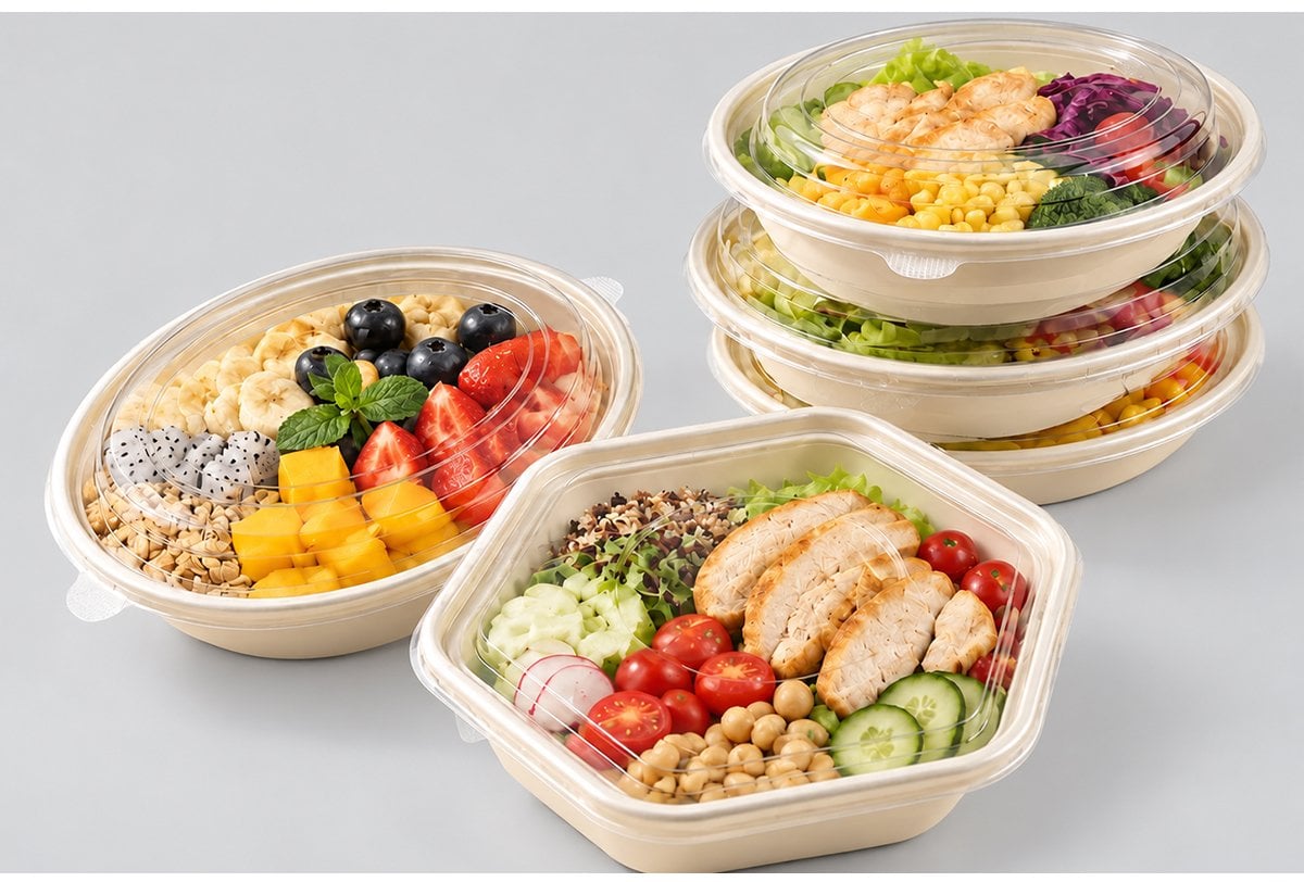 Oval and hexagon containers with clear lids holding salads and fruit