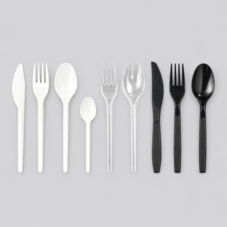 White, clear and black disposable plastic knives, forks and spoons