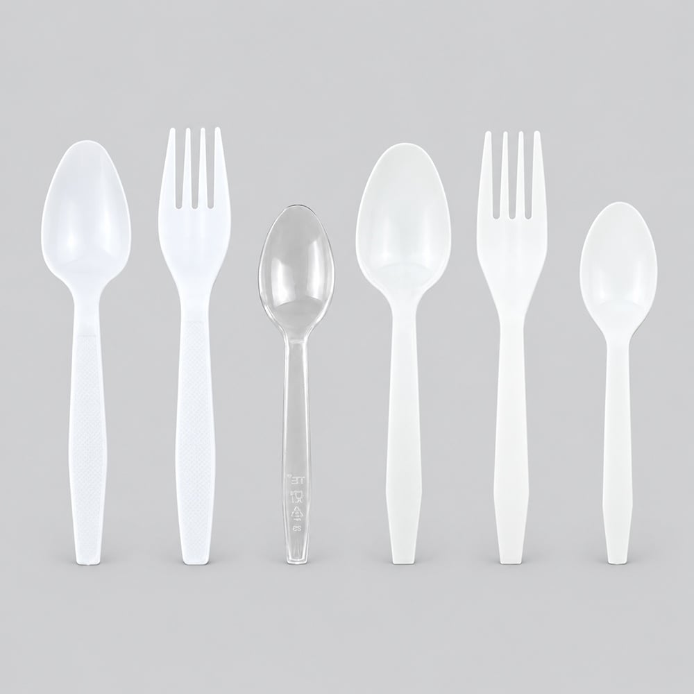 White disposable spoons and forks with one clear teaspoon