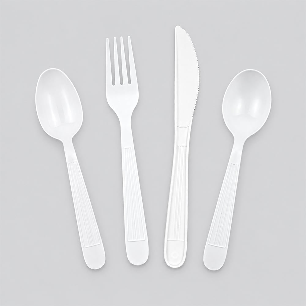 White ribbed-handle disposable spoon, fork, knife and soup spoon