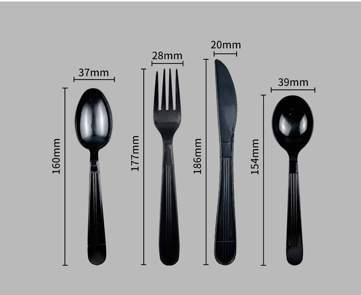 Black ribbed-handle spoon, fork, knife and soup spoon with dimensions