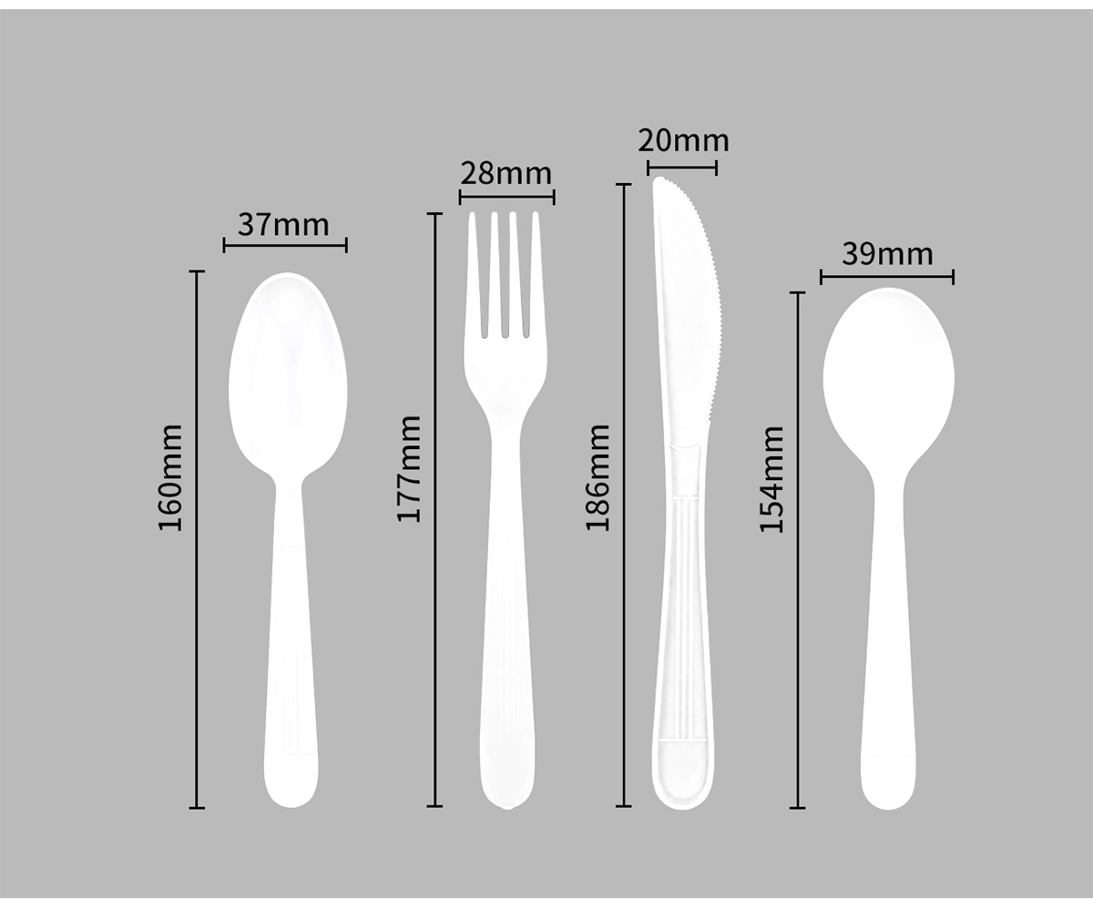 White ribbed-handle spoon, fork, knife and soup spoon with dimensions