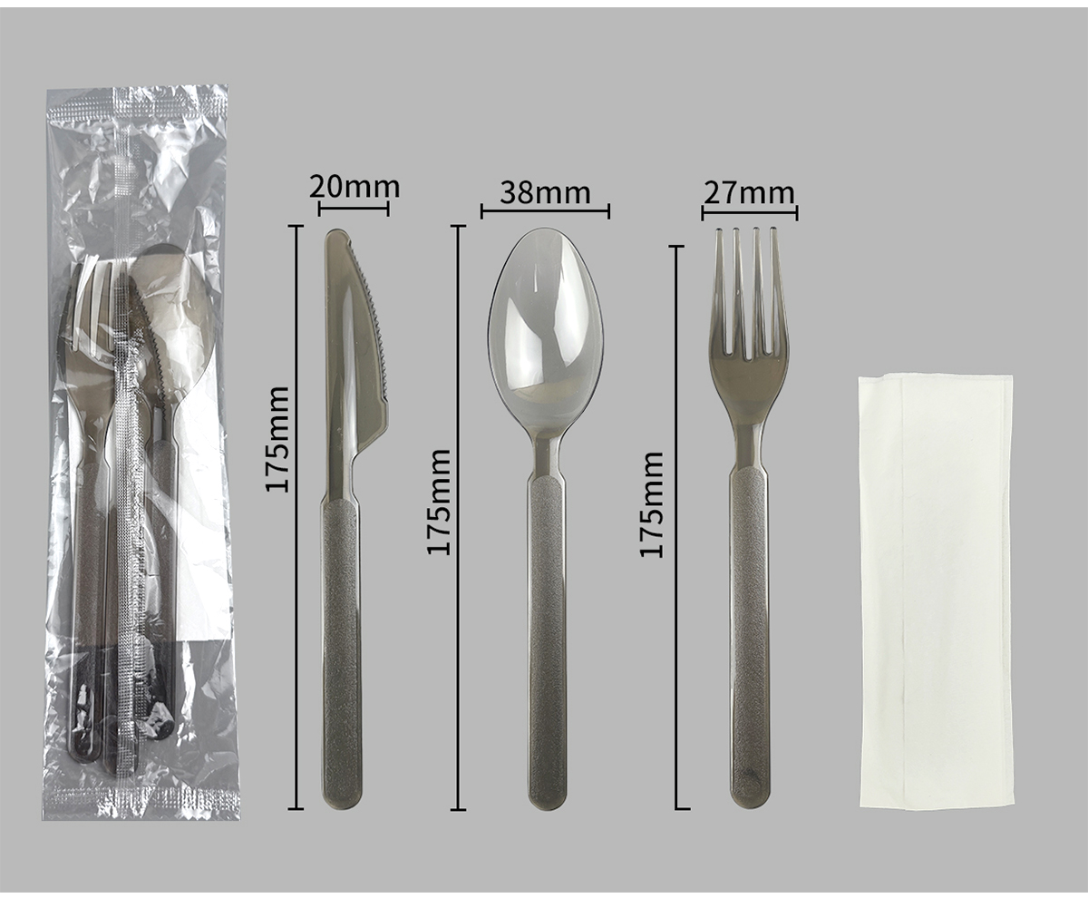 Translucent cutlery kit with napkin and size measurements