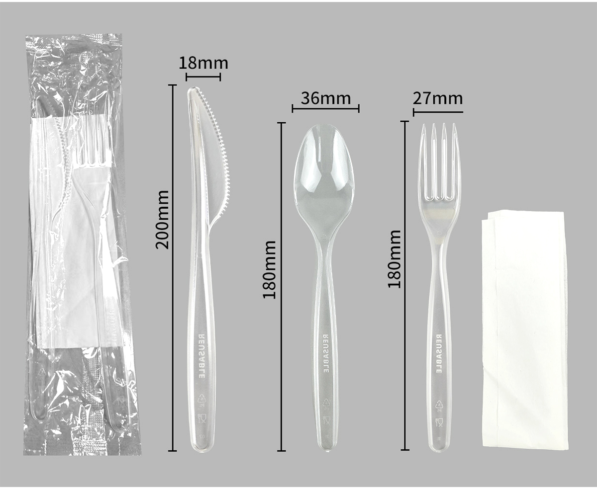 Clear reusable-marked knife, spoon, fork kit with dimensions