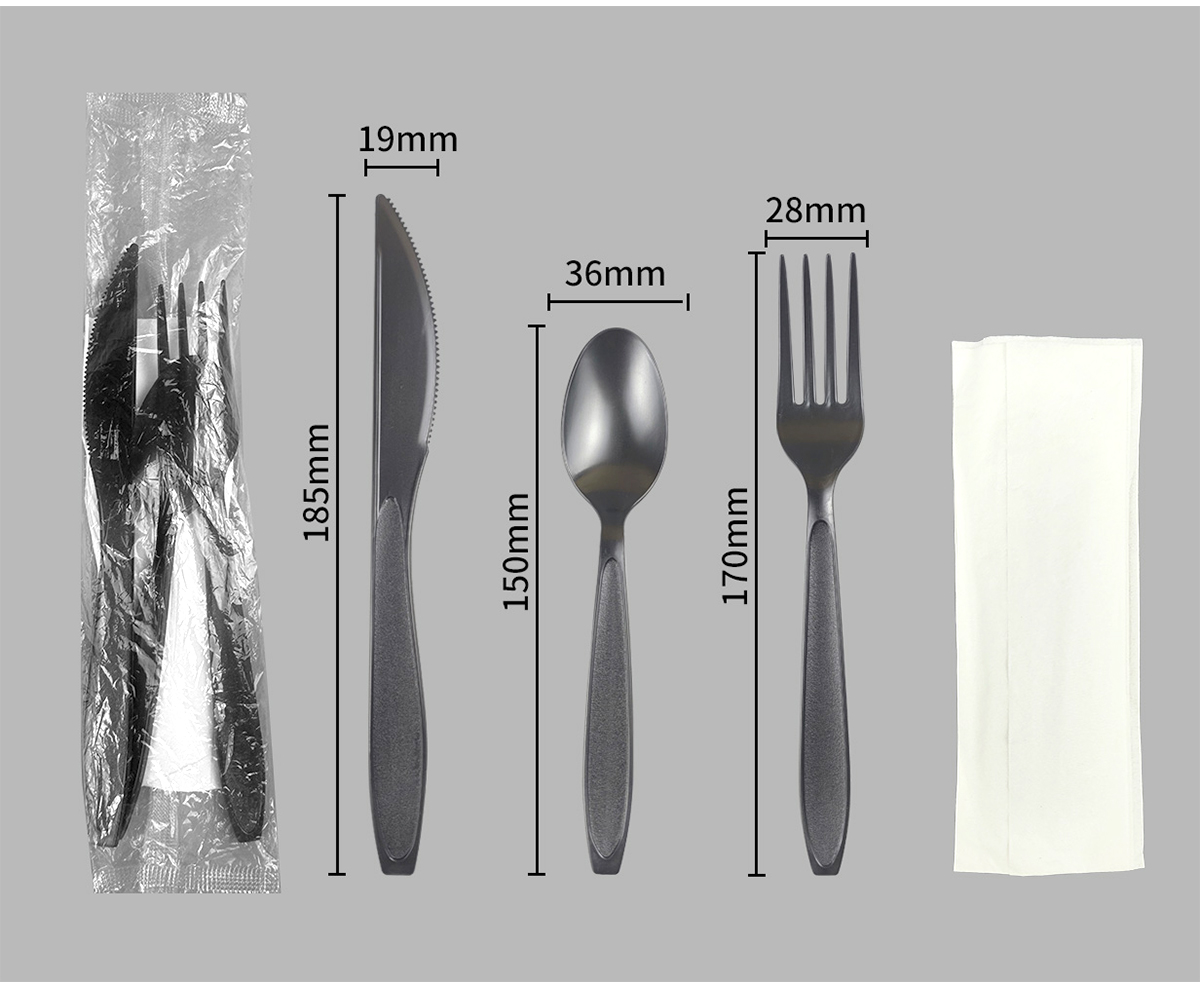 Dark textured-handle knife, spoon and fork kit with dimensions