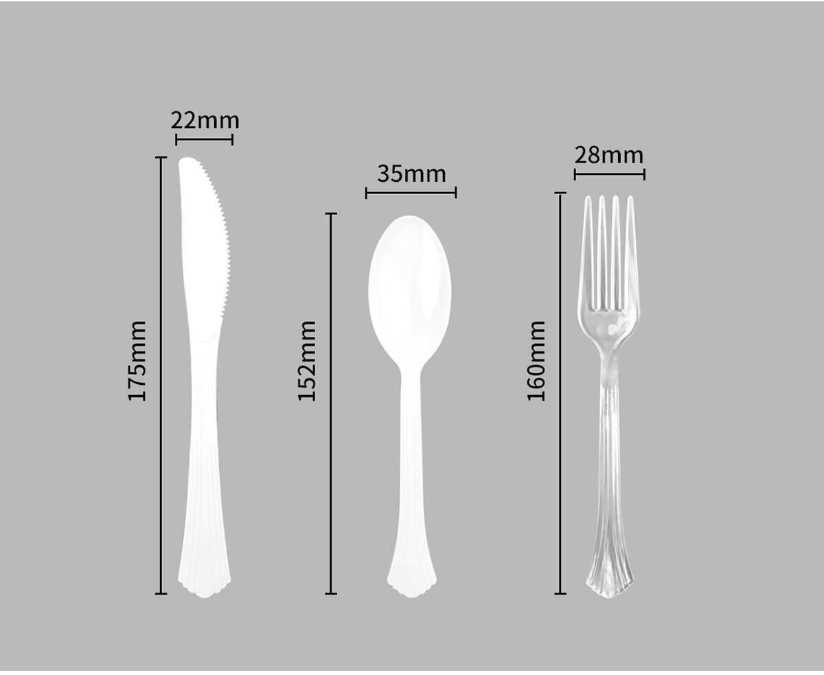 Fluted-handle knife, spoon and clear fork with dimensions