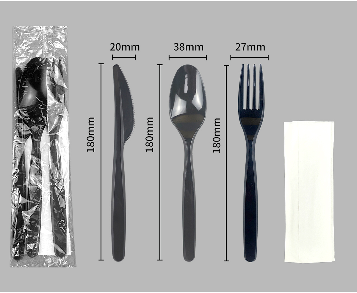 Glossy black knife, spoon and fork kit with dimensions
