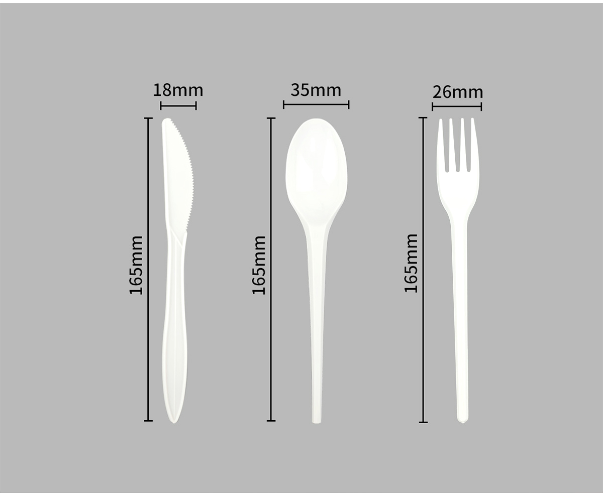 White slim-handle knife, spoon and fork with dimensions