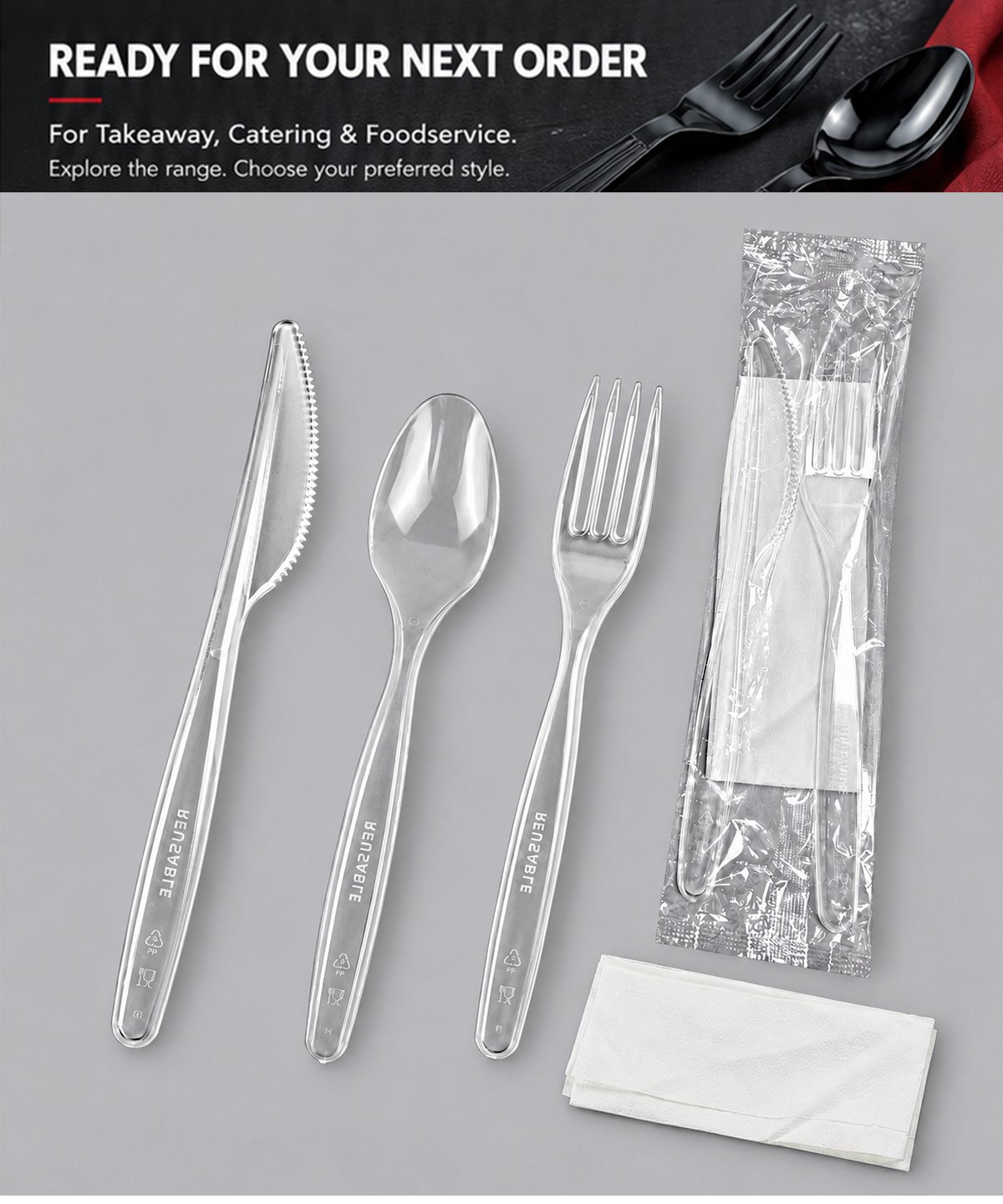 Clear cutlery kit with napkin under takeaway and catering banner