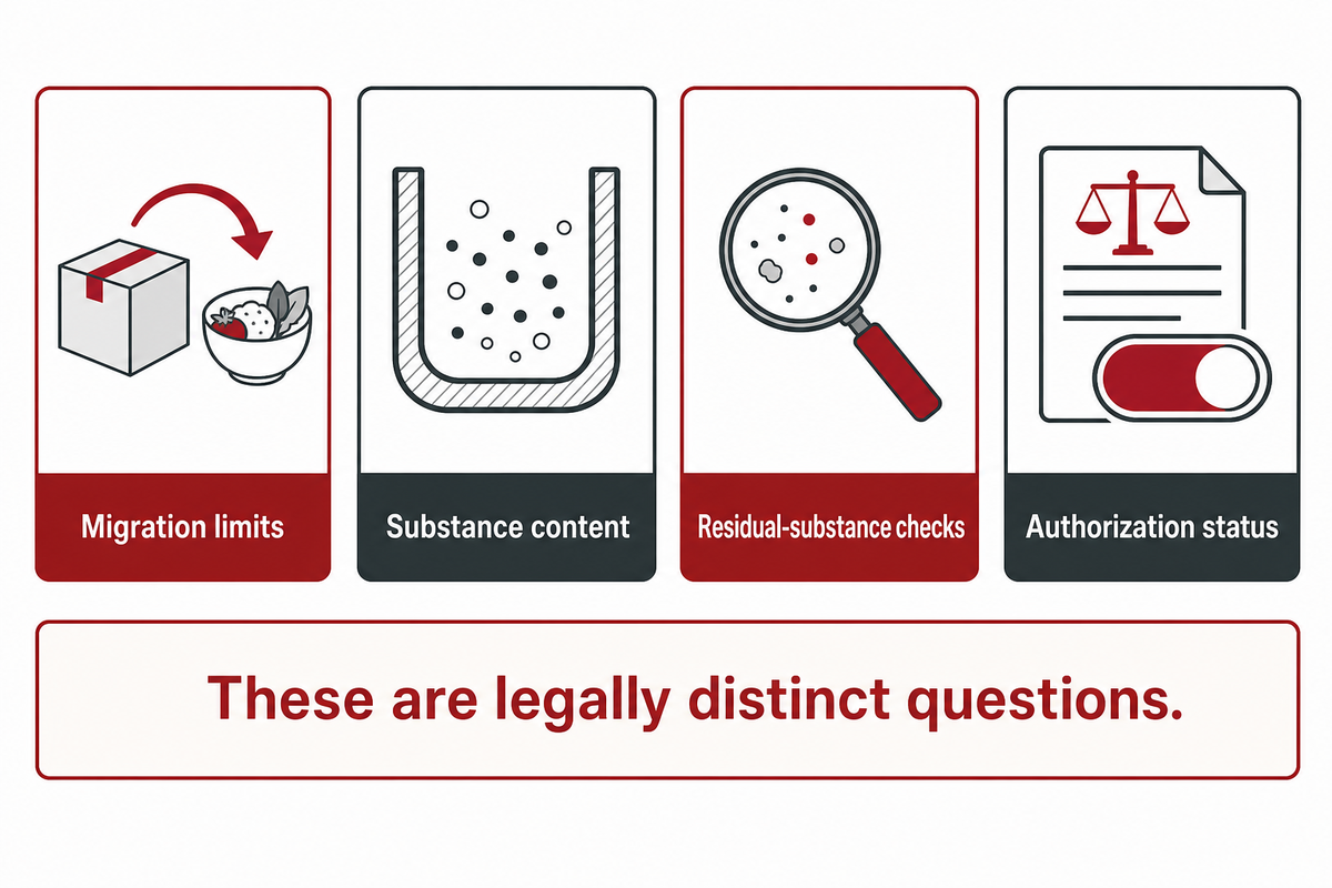 Migration, substance content, residual checks and authorization status are separate questions.