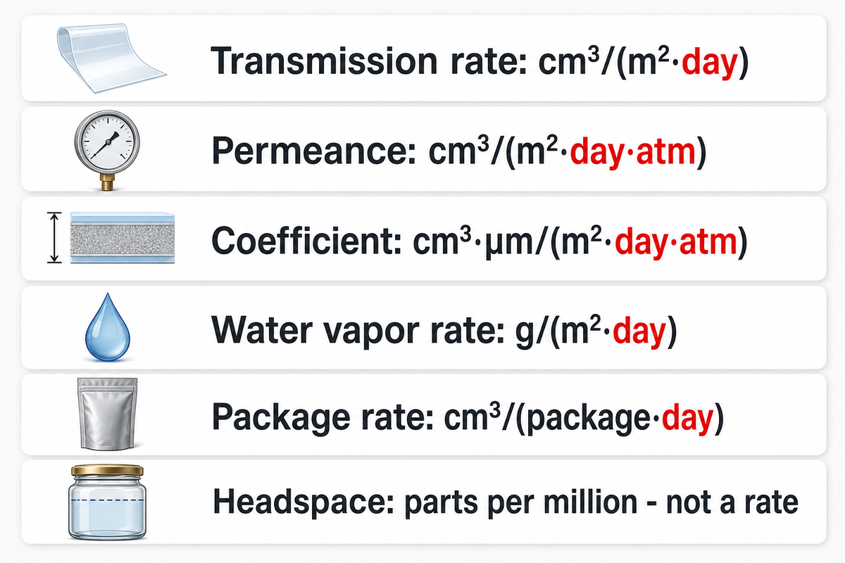Film, package and headspace values use different normalizations; IFT multilayer calculations.