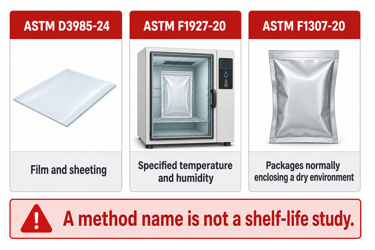 D3985 tests films, F1927 specified humidity and F1307 dry packages; official ASTM scopes.