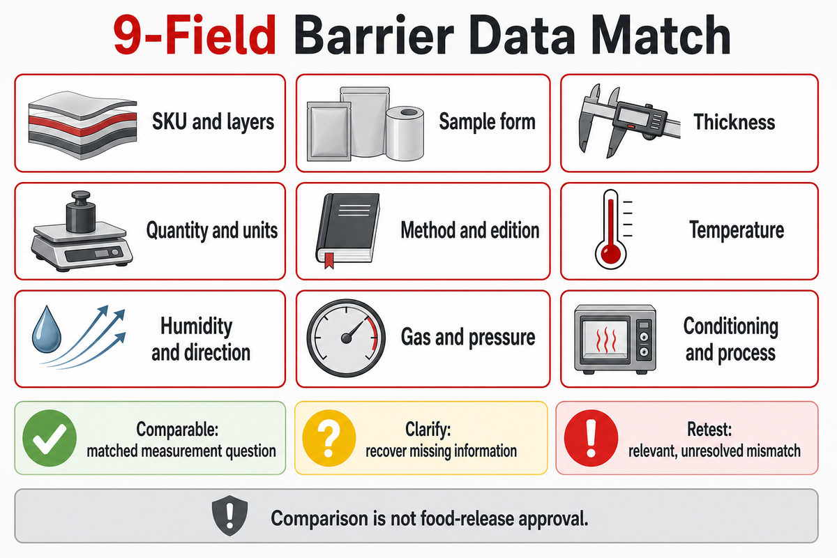 Nine fields route reports to comparable, clarify or retest; editorial synthesis of ASTM method scopes.