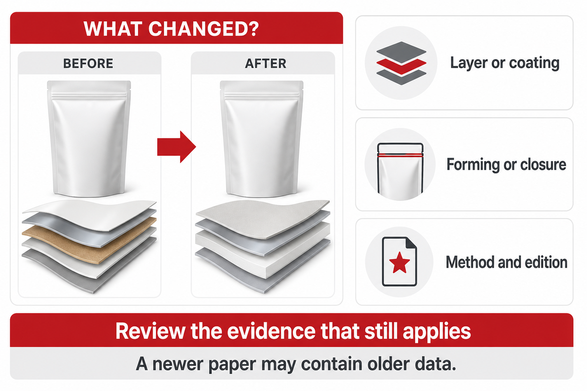 A redesigned layer, forming step or closure calls for evidence review; ASTM F1249 and Yeh/Turan 2026.
