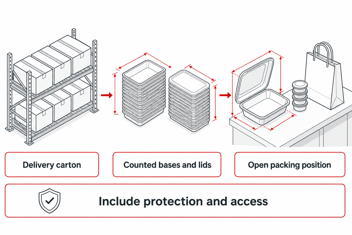 Carton size, counted stack height and open packing space answer different fit questions in the 3-Footprint check.