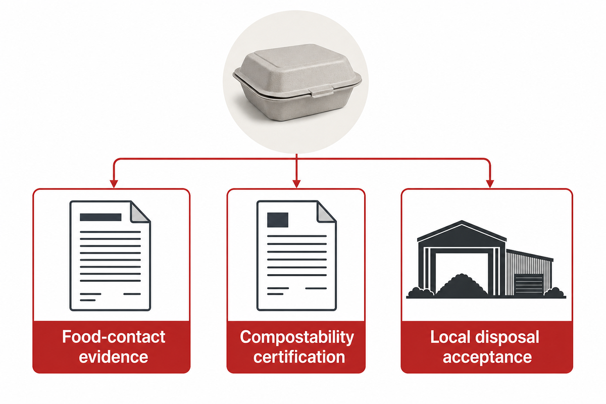Food-contact evidence, compostability certification and local acceptance answer separate procurement questions.