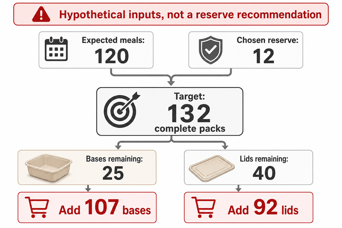 Hypothetical 132-pack target minus 25 bases and 40 lids requires 107 bases and 92 lids; not a reserve recommendation.