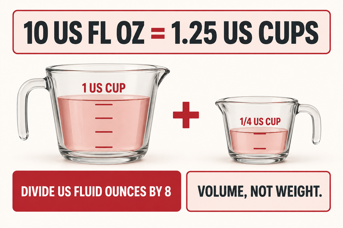 10 US fluid ounces equals 1.25 US cups, using NIST household volume ratios.