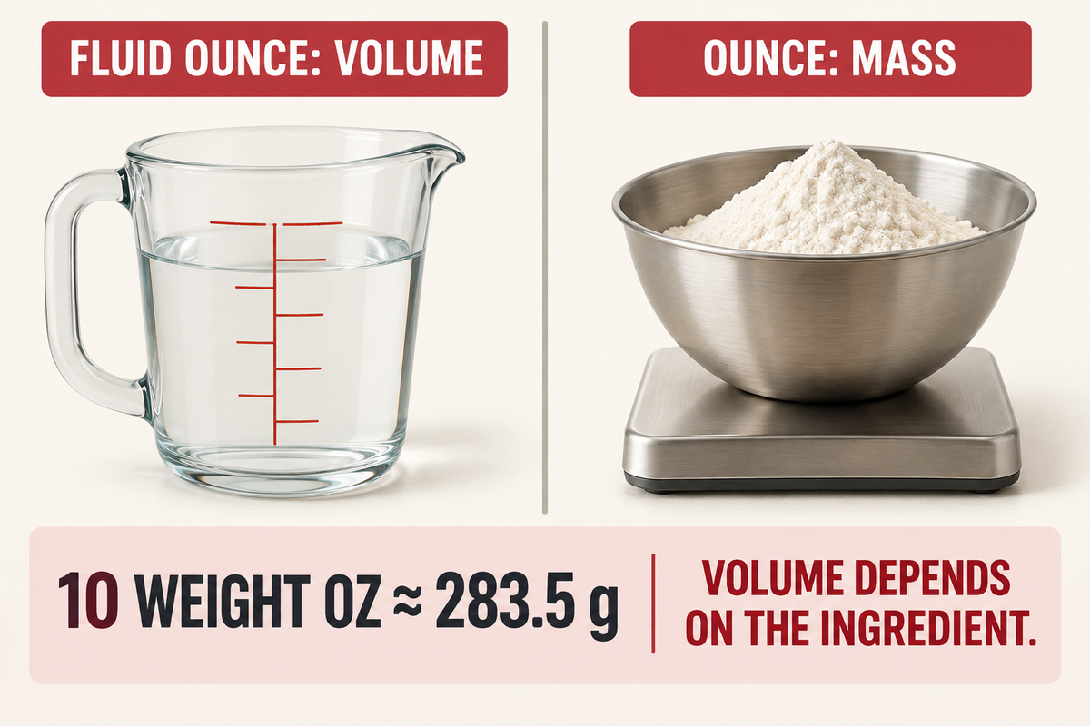 A fluid ounce measures volume; 10 weight ounces is about 283.5 g, using NIST conversion factors.