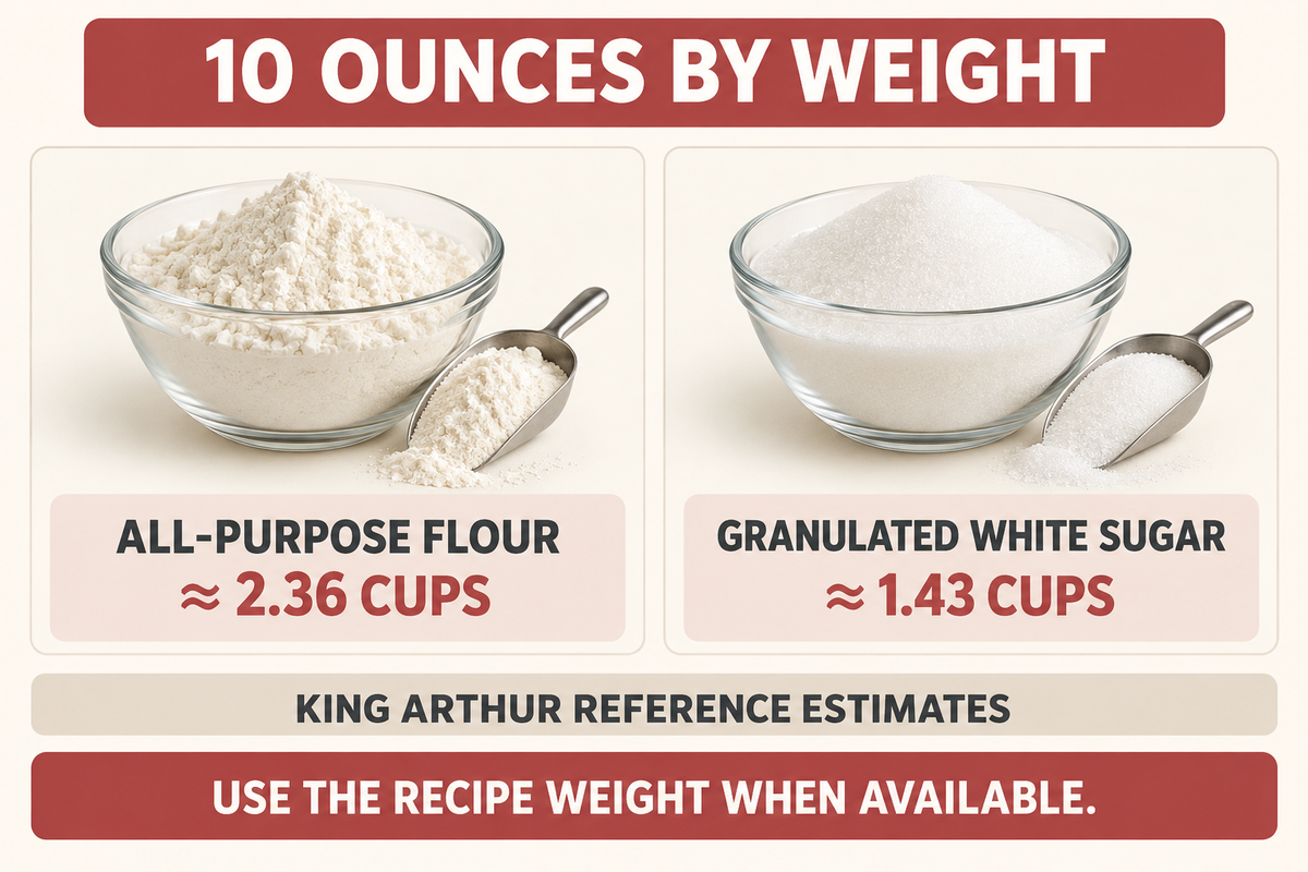 King Arthur reference estimates for 10 weight ounces: flour about 2.36 cups and white sugar 1.43 cups.