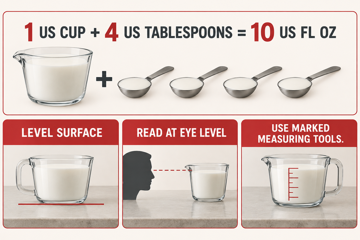 Measure 10 US fluid ounces with one US cup plus four US tablespoons; read a marked jug at eye level.