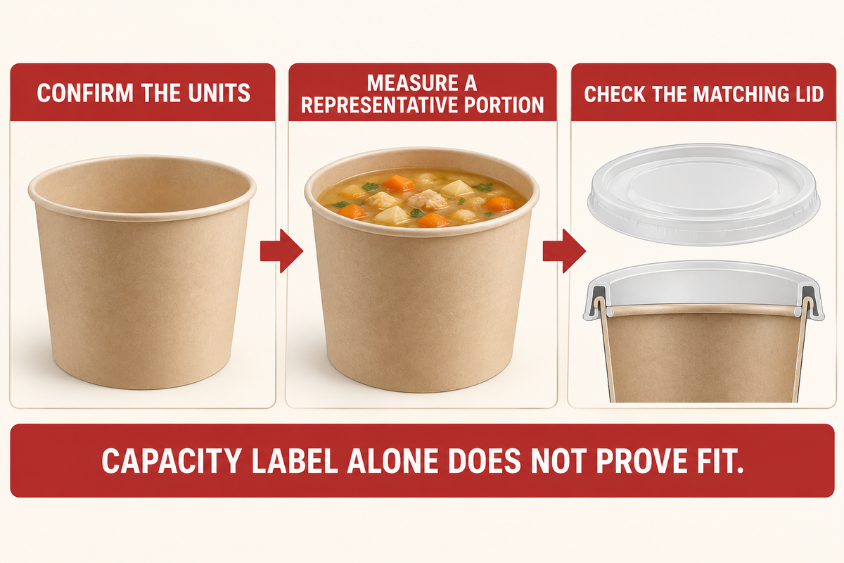 Confirm units, measure a representative portion and check the matching lid before selecting a container.