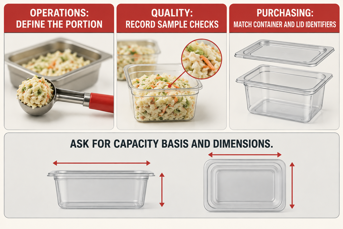 Define the portion, record sample checks and confirm matching container and lid identifiers before ordering.