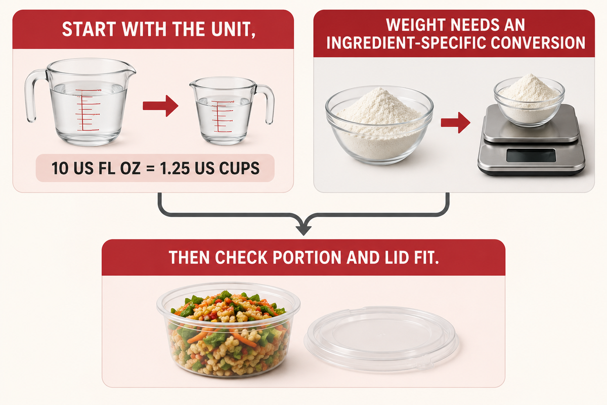 10 US fluid ounces equals 1.25 US cups; selecting a container still requires a portion-and-lid fit check.