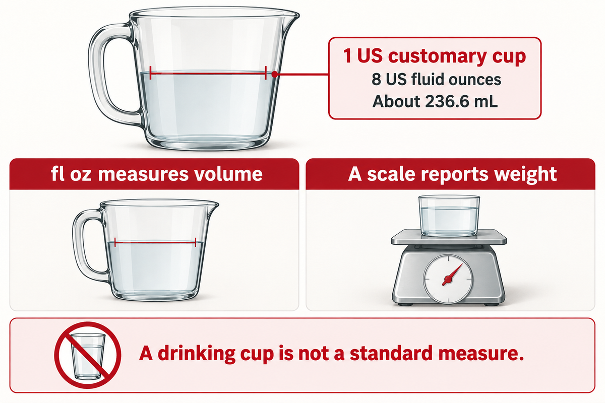 One US cup equals eight US fluid ounces by volume; USDA and NIST conversions.