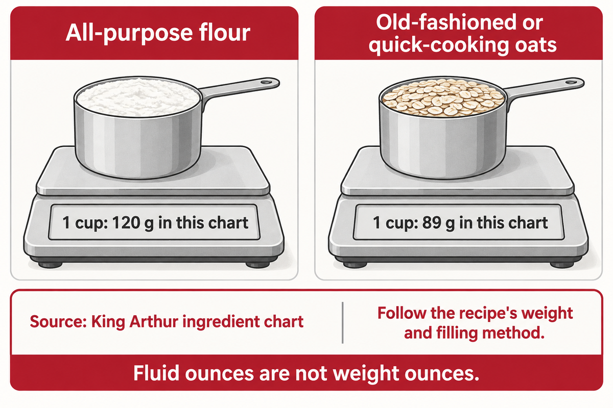 King Arthur lists different cup weights for flour and ordinary oats; follow the recipe and filling method.