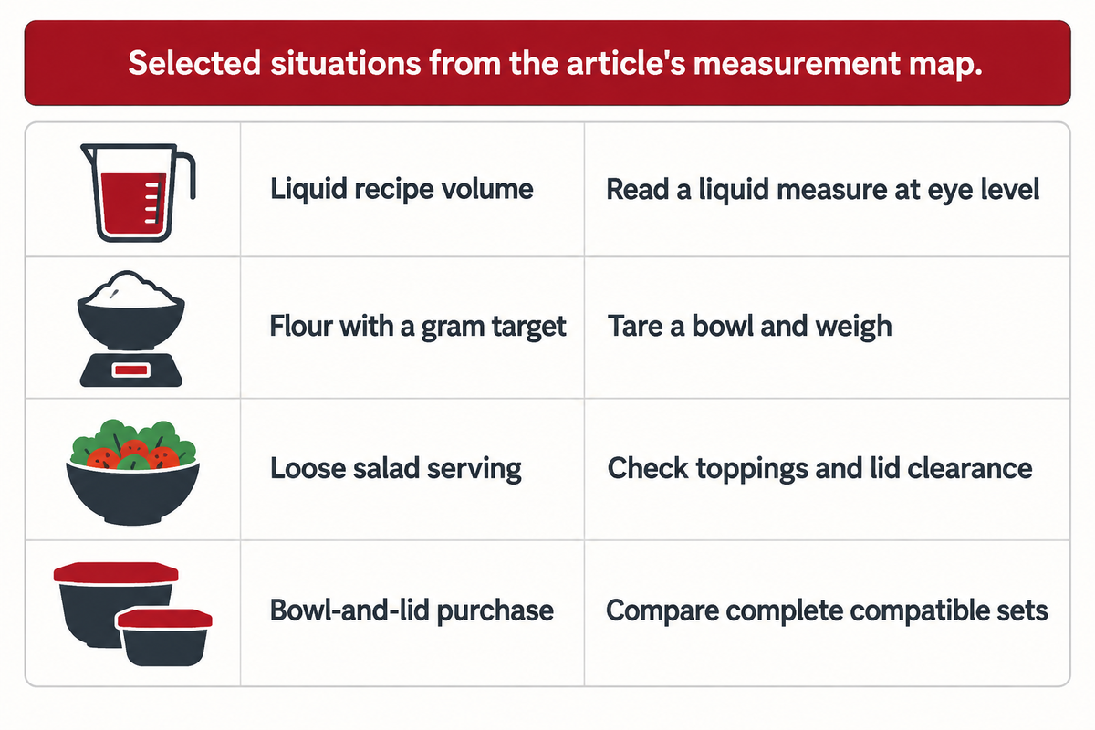 Choose volume, ingredient weight, filled-pack fit or complete sets for the question; editorial measurement map.
