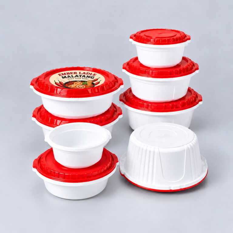 Stacked white round bowls with red lids in several sizes