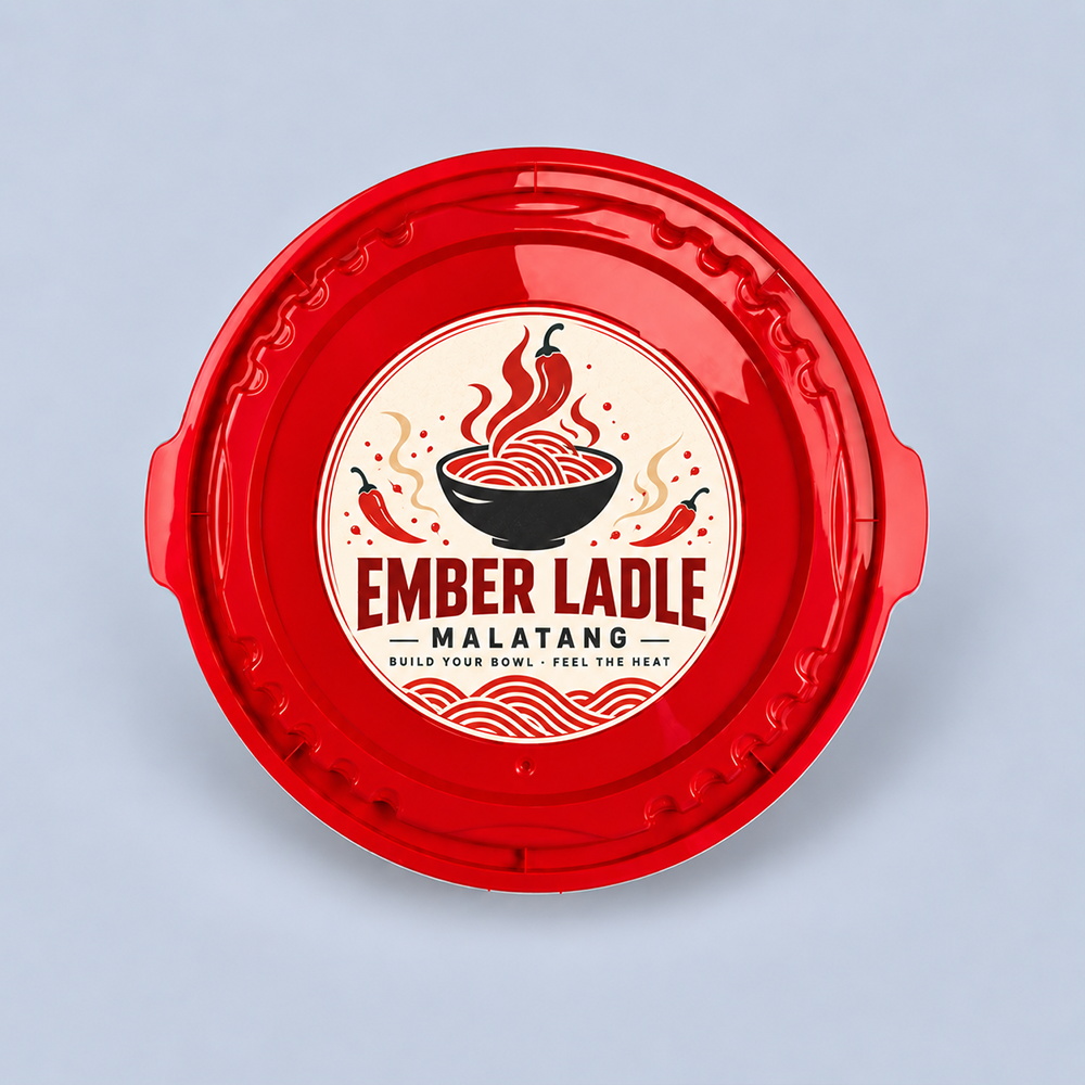 Top view of red lid with round printed label