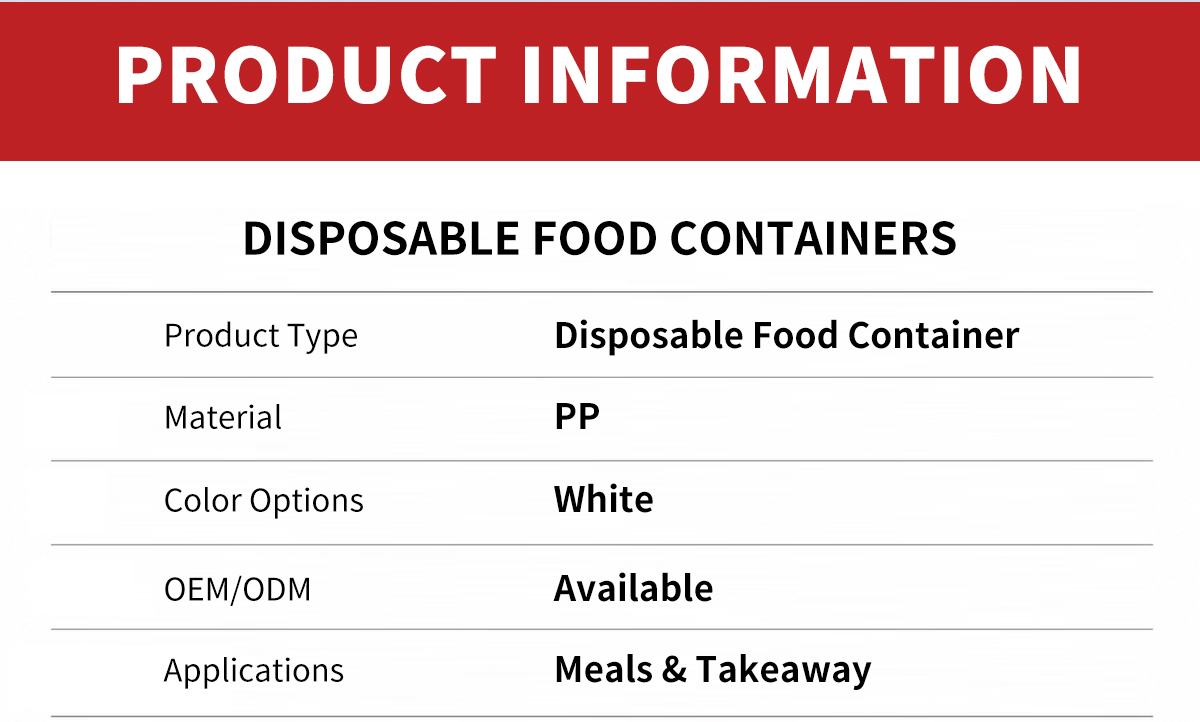 Product information table for PP disposable food container