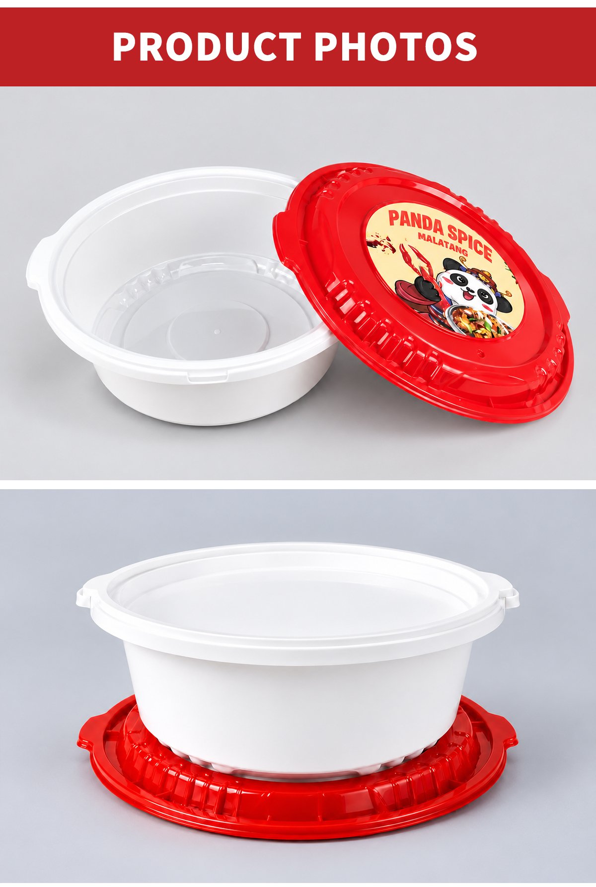 Open white bowl with panda-label lid, and bowl on red lid