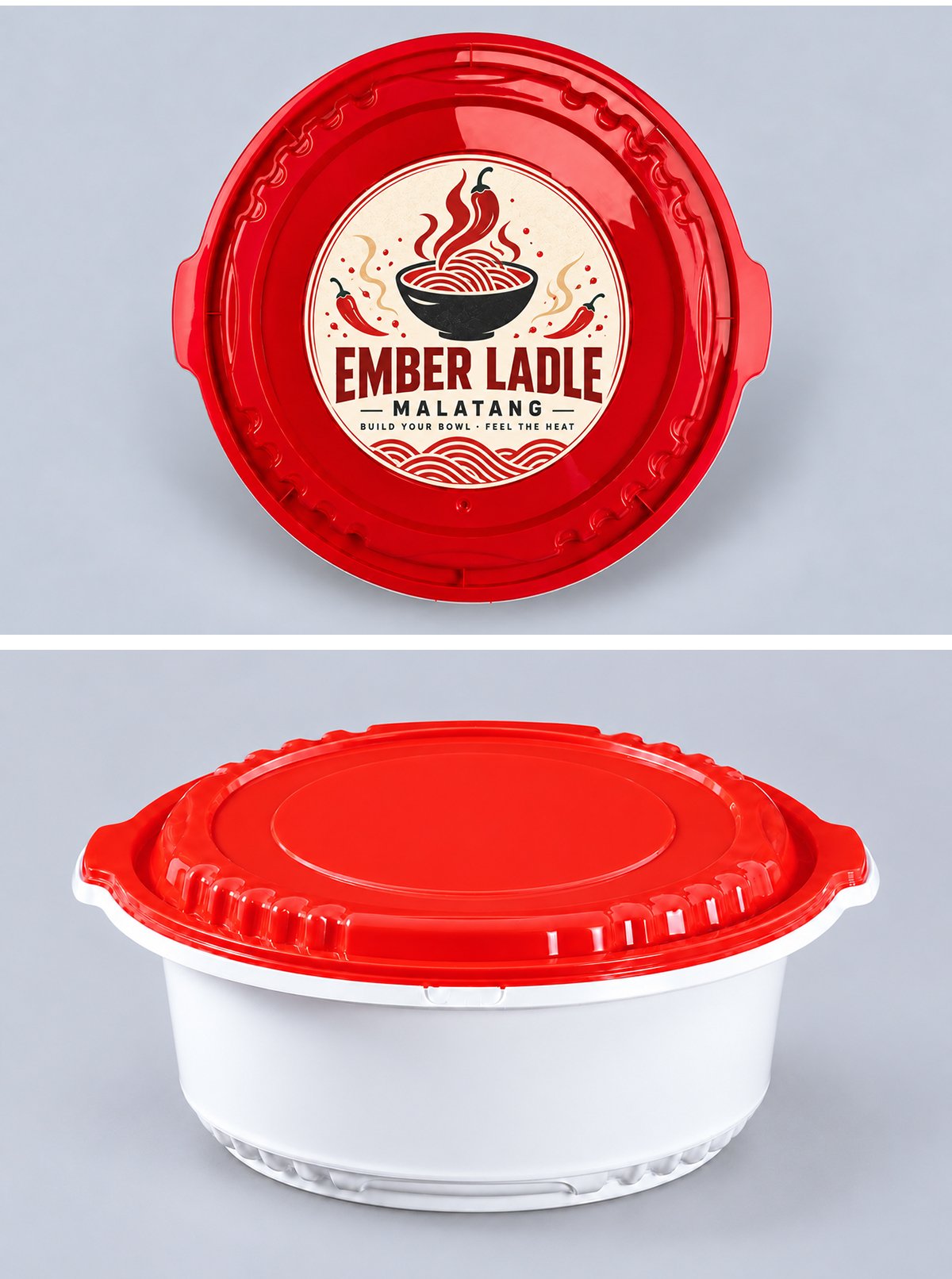 Red lid with printed label and lidded white bowl side view