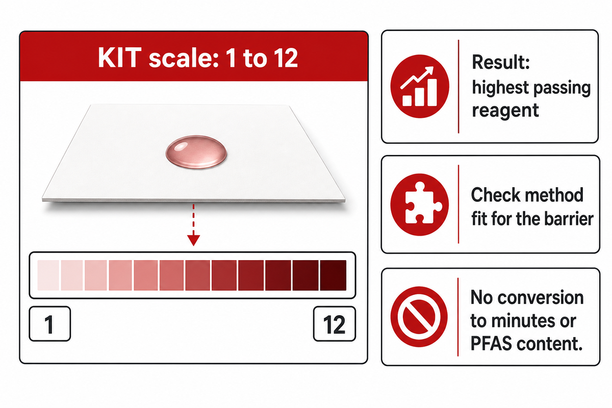 KIT runs from 1 to 12; TAPPI T559 requires applicability evaluation for nonfluorochemical or film-like barriers.