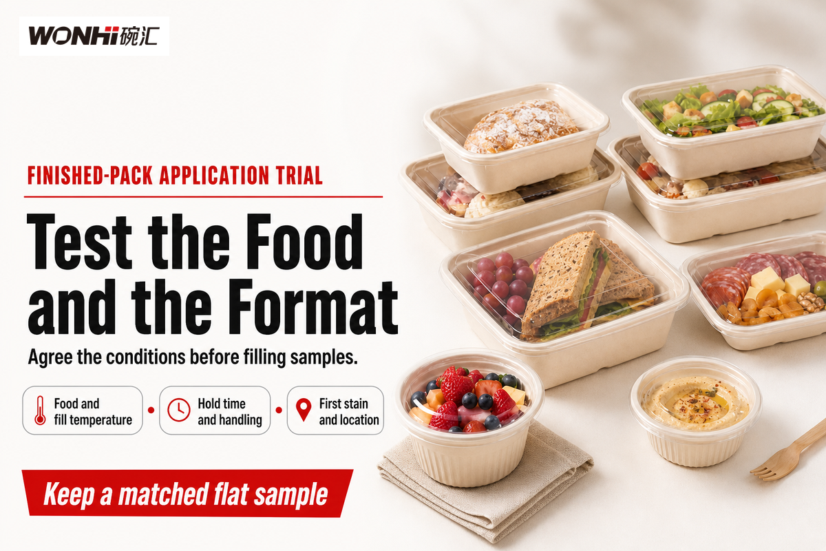 Record food, temperature, time and first stain during a package trial; converting research supports a separate pack check.