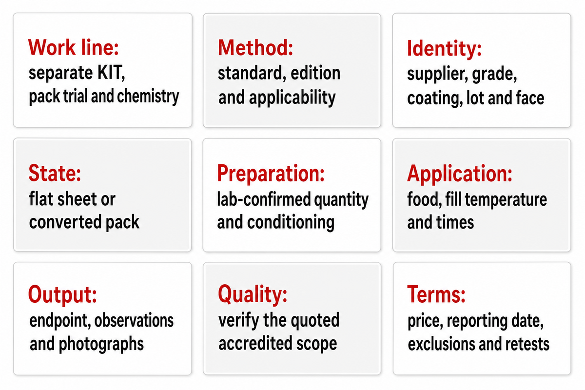 The Lab Quote Scope Card lists nine fields to define comparable testing work; sample and turnaround terms are lab-specific.