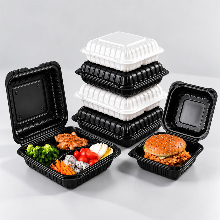 Black and white MFPP hinged-lid containers with burger and divided meal