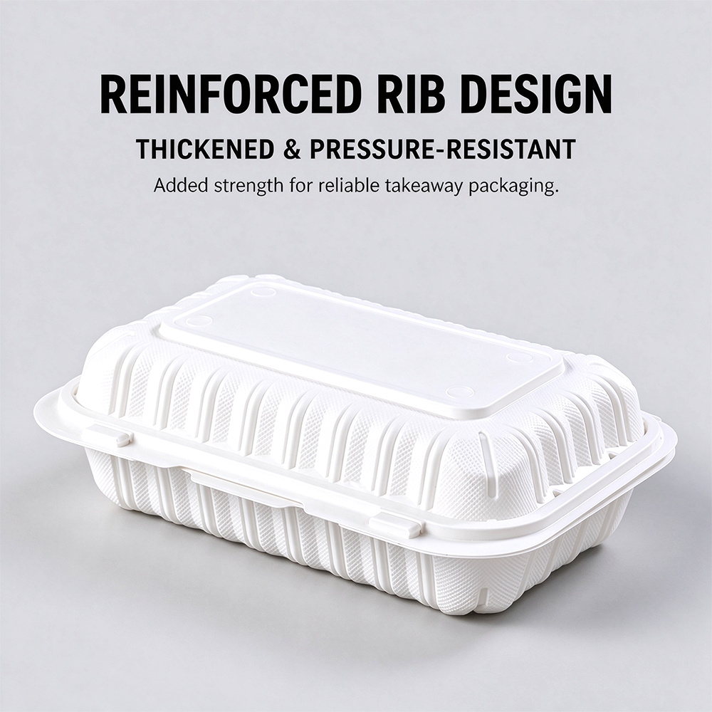 White rectangular hinged-lid container with reinforced ribbed lid