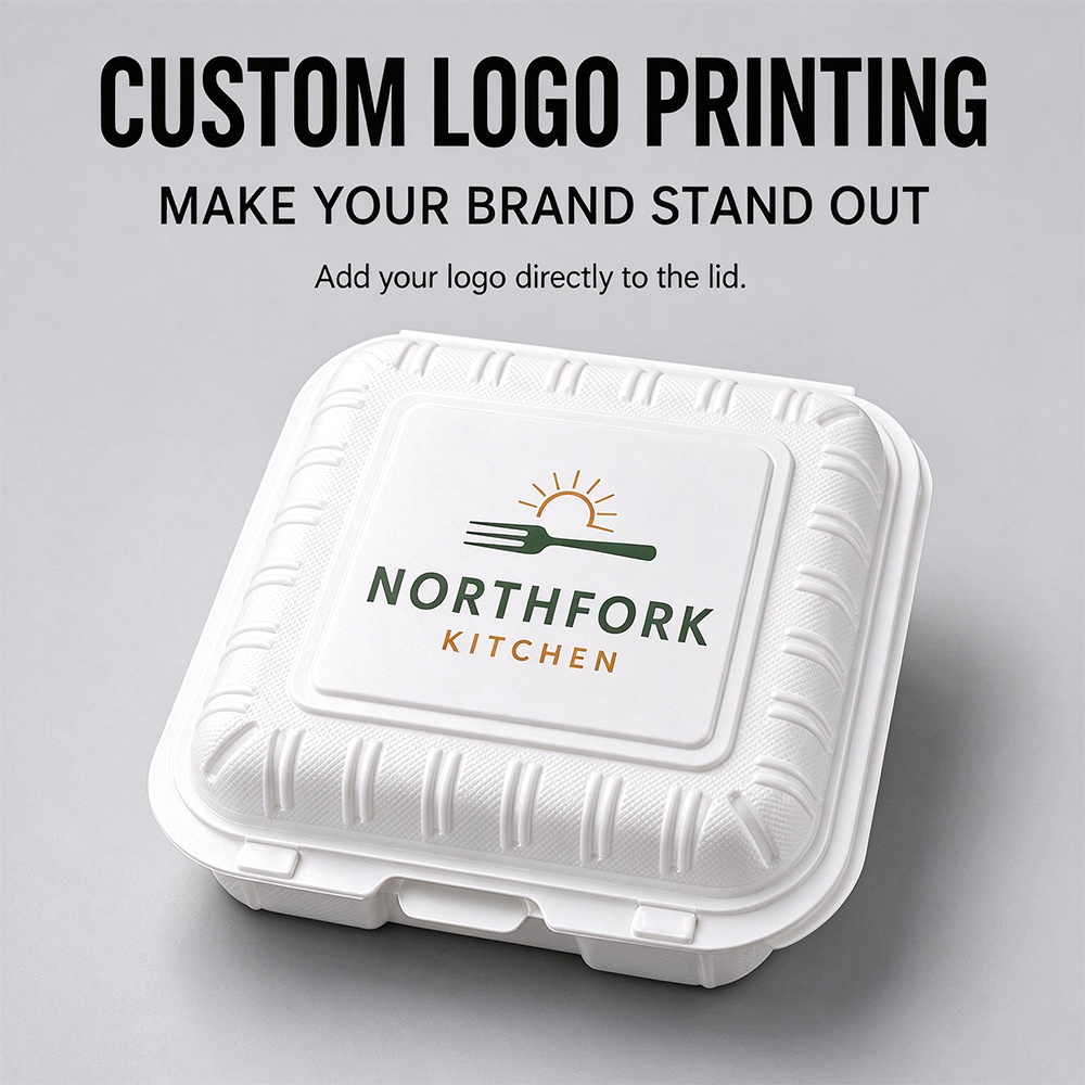 White square hinged-lid container with sample custom logo on lid
