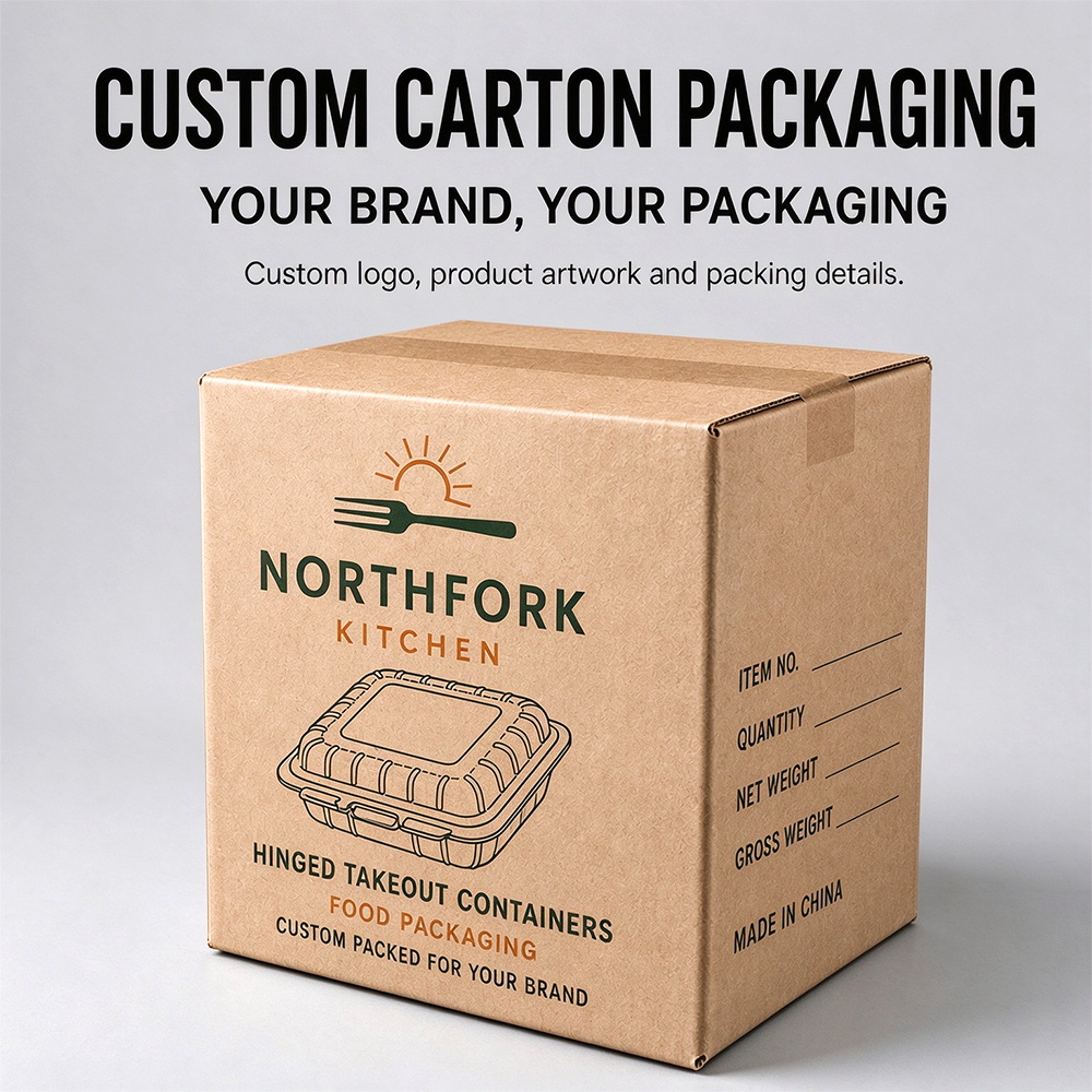 Kraft shipping carton printed with sample brand and container artwork