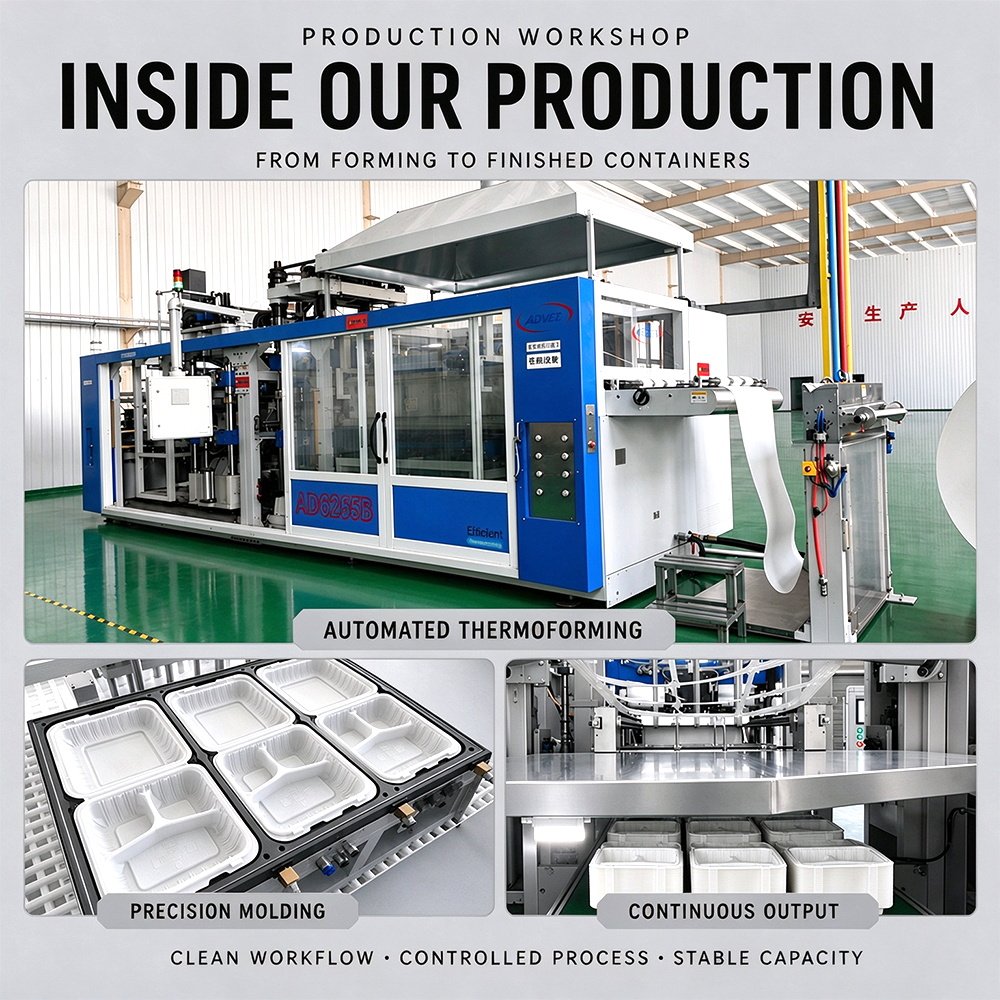 Thermoforming machine and molded containers in the production workshop