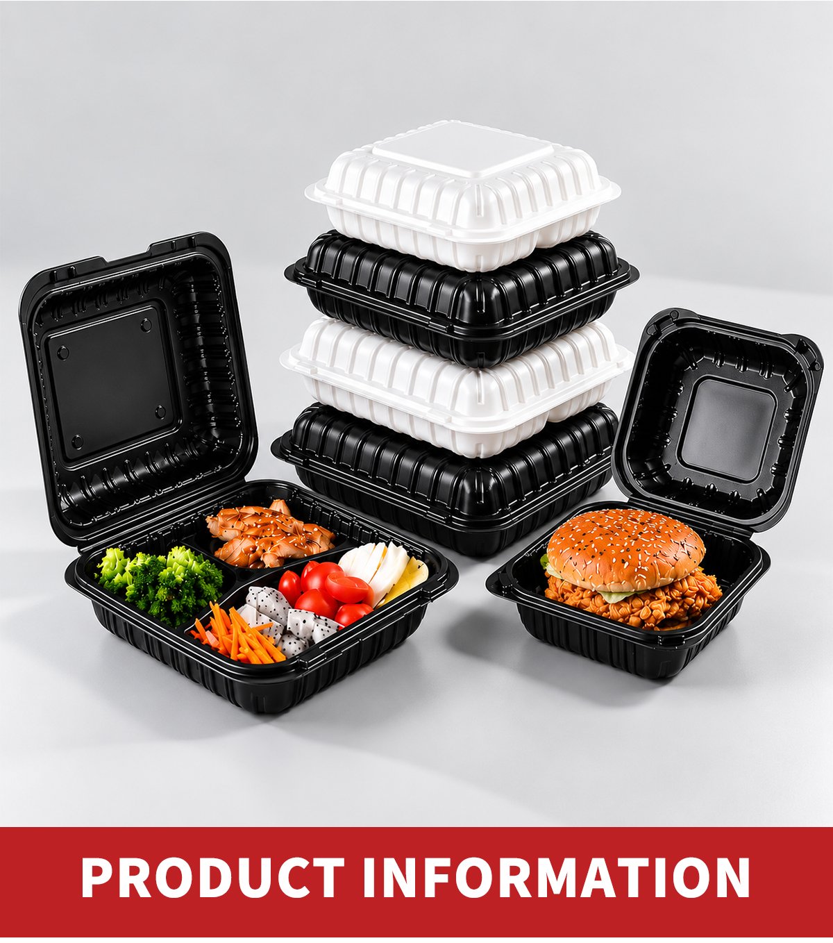 Stacked black and white hinged-lid containers with burger and meal
