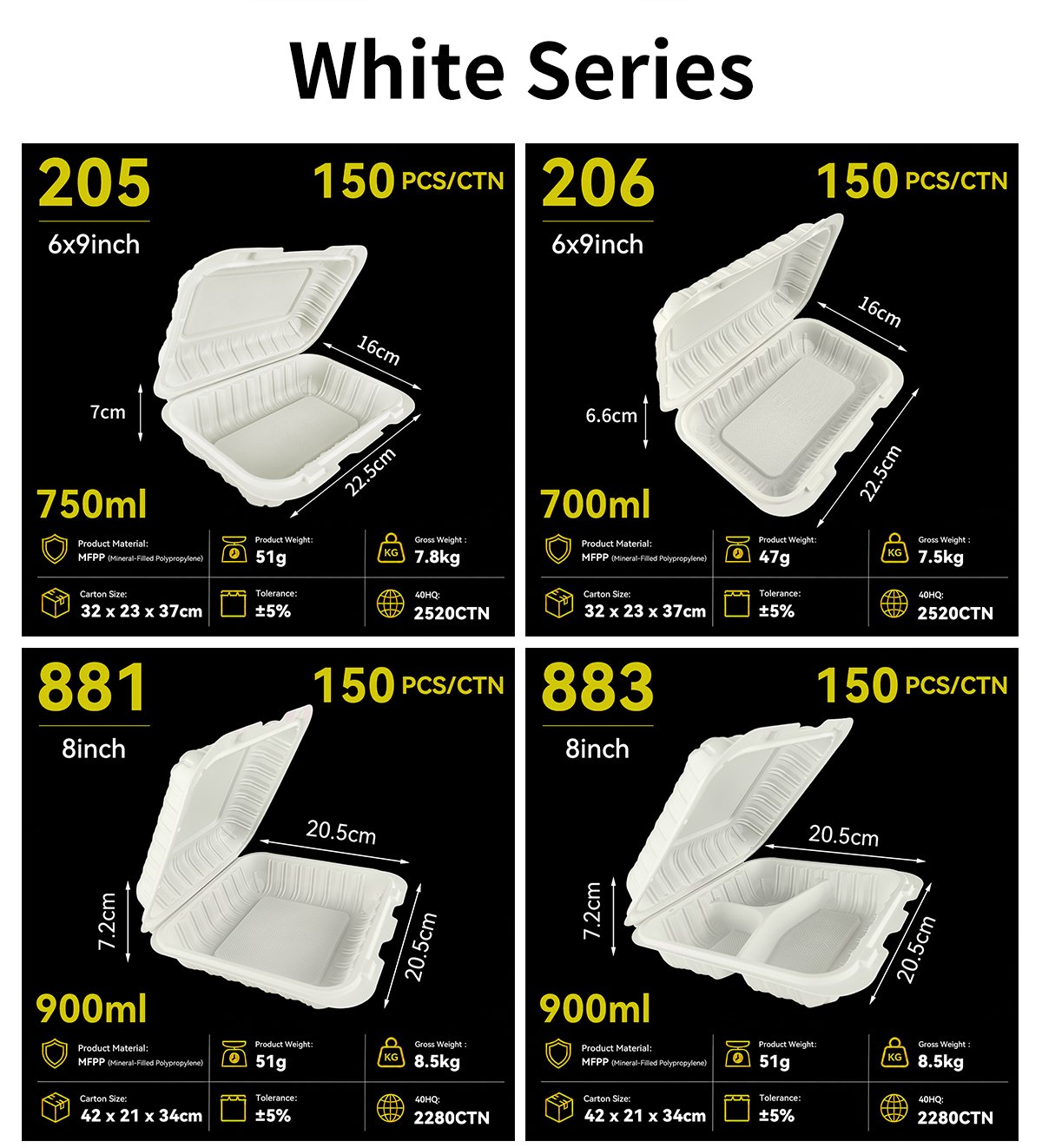 White series spec cards for models 205, 206, 881 and 883