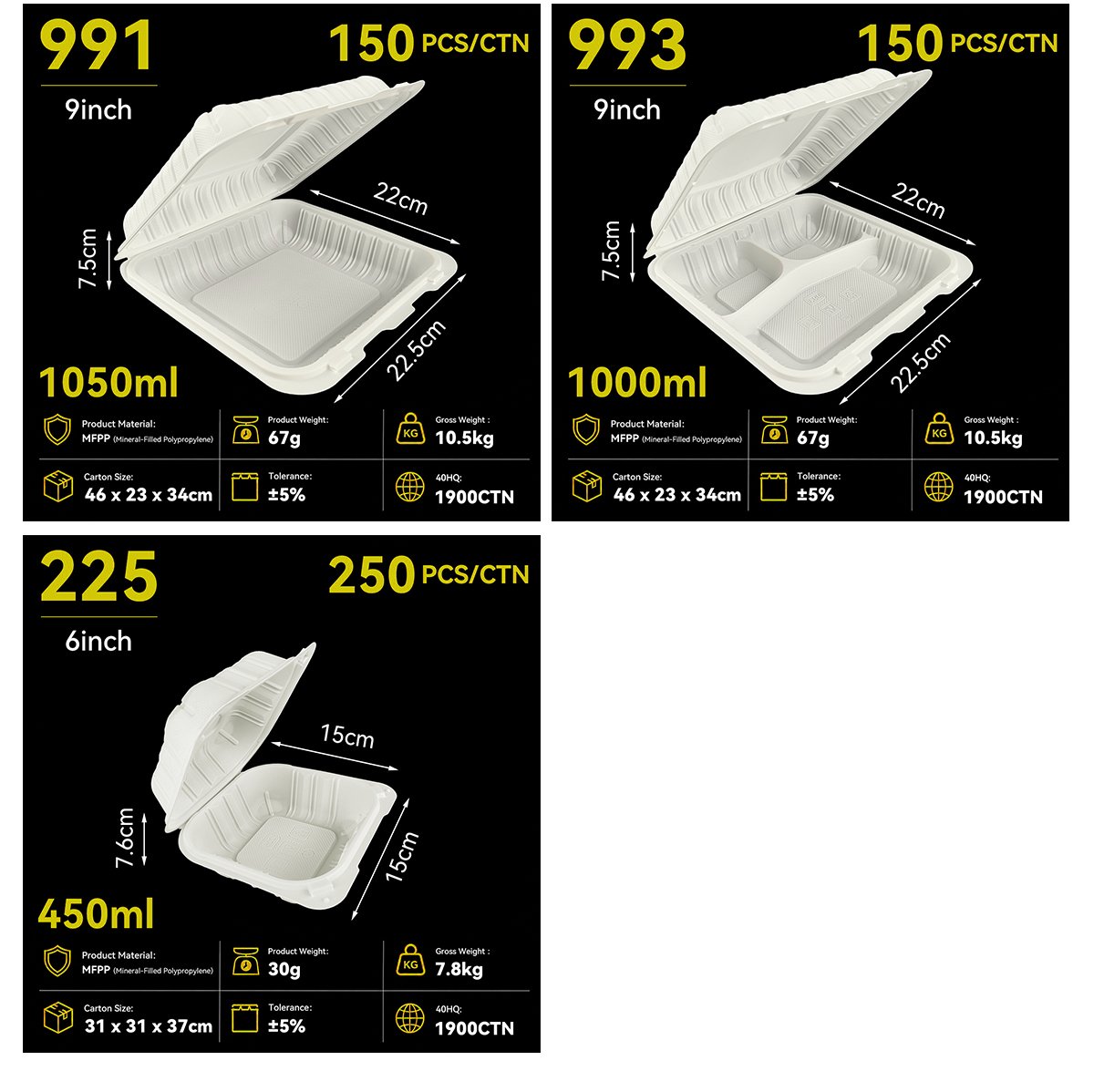 White series spec cards for models 991, 993 and 225