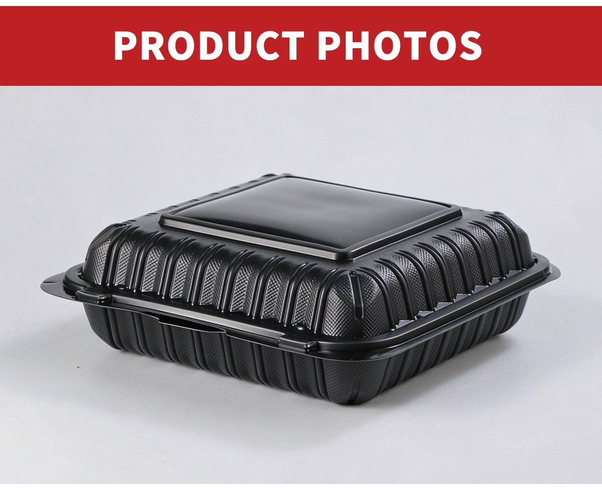 Closed black square hinged-lid container with textured ribbed lid